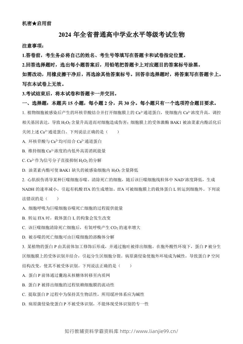 2024年高考生物试卷（山东）（空白卷）-学霸资料库学科资源下载