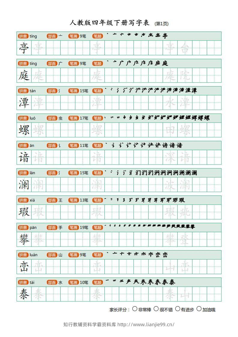 四年级语文下册写字表（20页）PDF（部编版）-学霸资料库学科资源下载