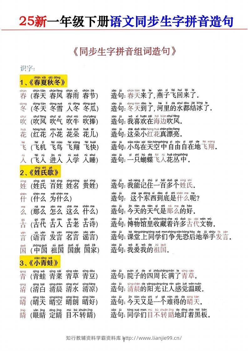 2025新一下语文同步生字拼音组词造句11页-学霸资料库学科资源下载