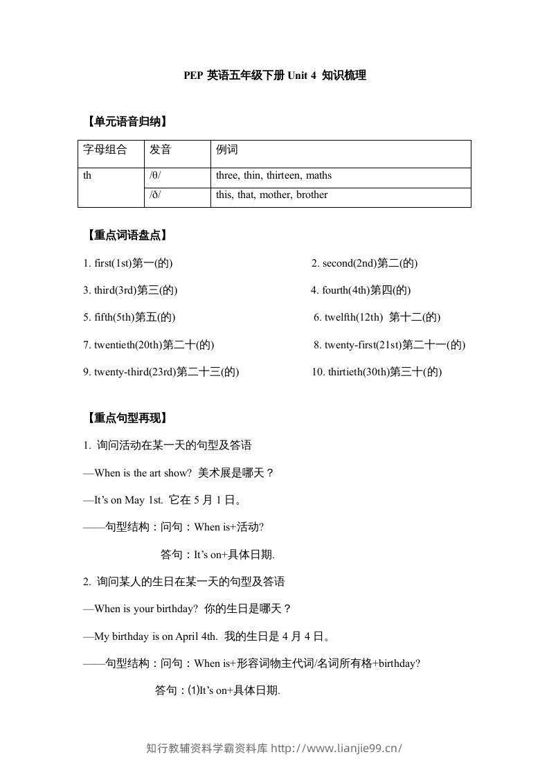 五年级英语下册【完美】单元知识梳理-Unit4Whenistheartshow（人教PEP版）-学霸资料库学科资源下载