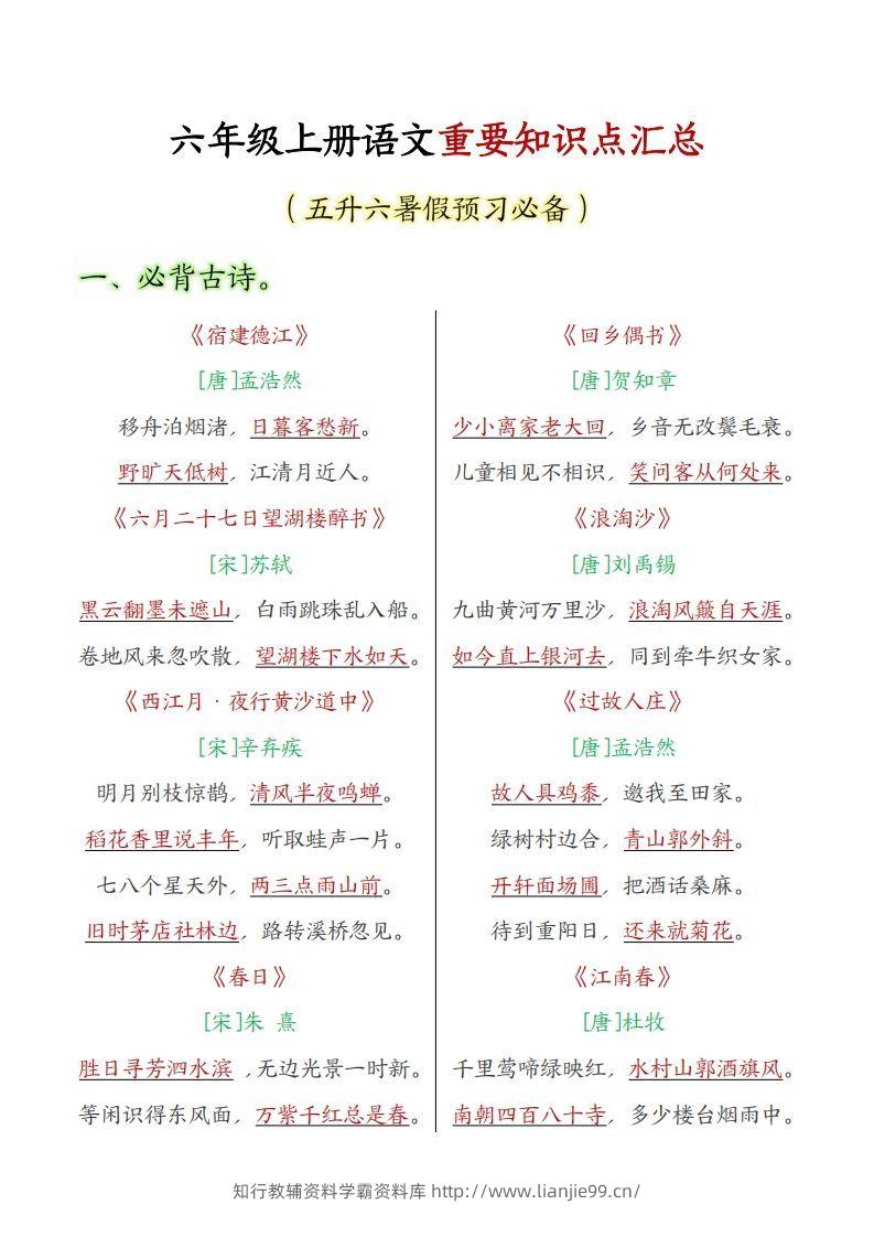 六上语文全册重点知识汇总-学霸资料库学科资源下载