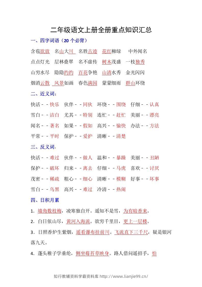 【全册重点知识汇总】二上语文-学霸资料库学科资源下载