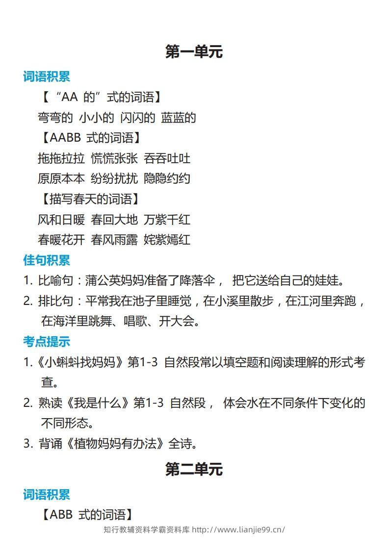 二年级语文上册词语归类积累课文佳句汇总-学霸资料库学科资源下载
