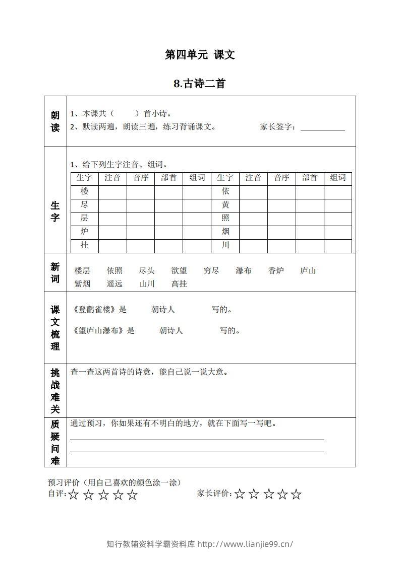 二上语文课前预习清单（8-11课）-学霸资料库学科资源下载