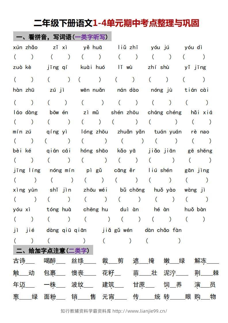 √二年级下册语文1-4单元期中考点整理与巩固-学霸资料库学科资源下载