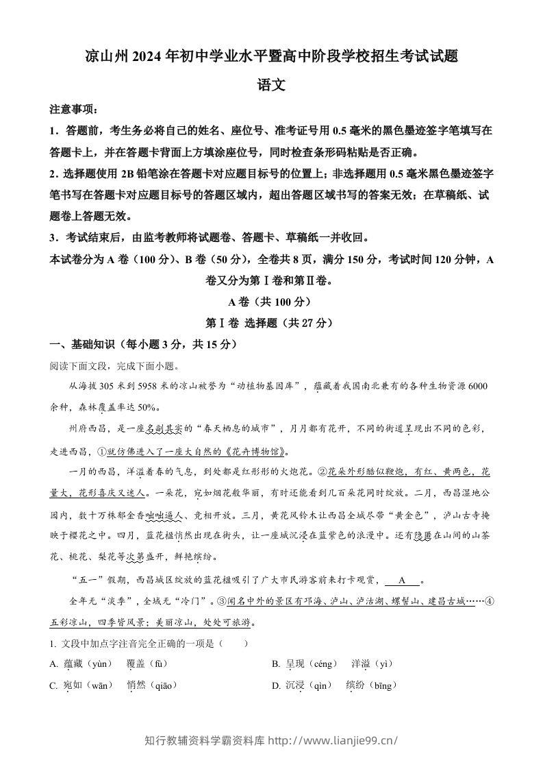 2024年四川省凉山州中考语文真题（空白卷）-学霸资料库学科资源下载