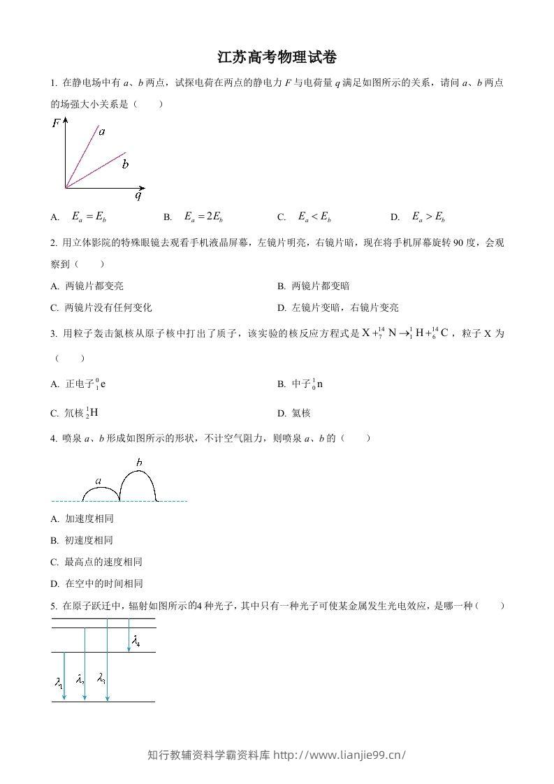 2024年高考物理试卷（江苏）（回忆版）（空白卷）缺第8题、第16题-学霸资料库学科资源下载