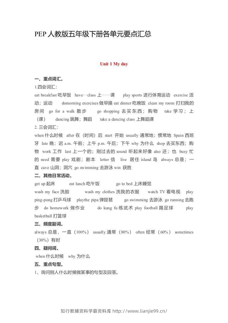 五年级英语下册素材-各单元要点汇总（人教PEP版）-学霸资料库学科资源下载