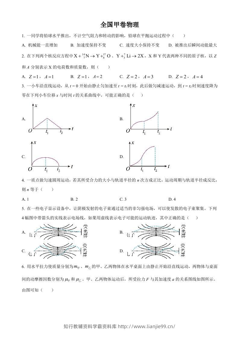 2023年高考物理试卷（全国甲卷）（空白卷）-学霸资料库学科资源下载