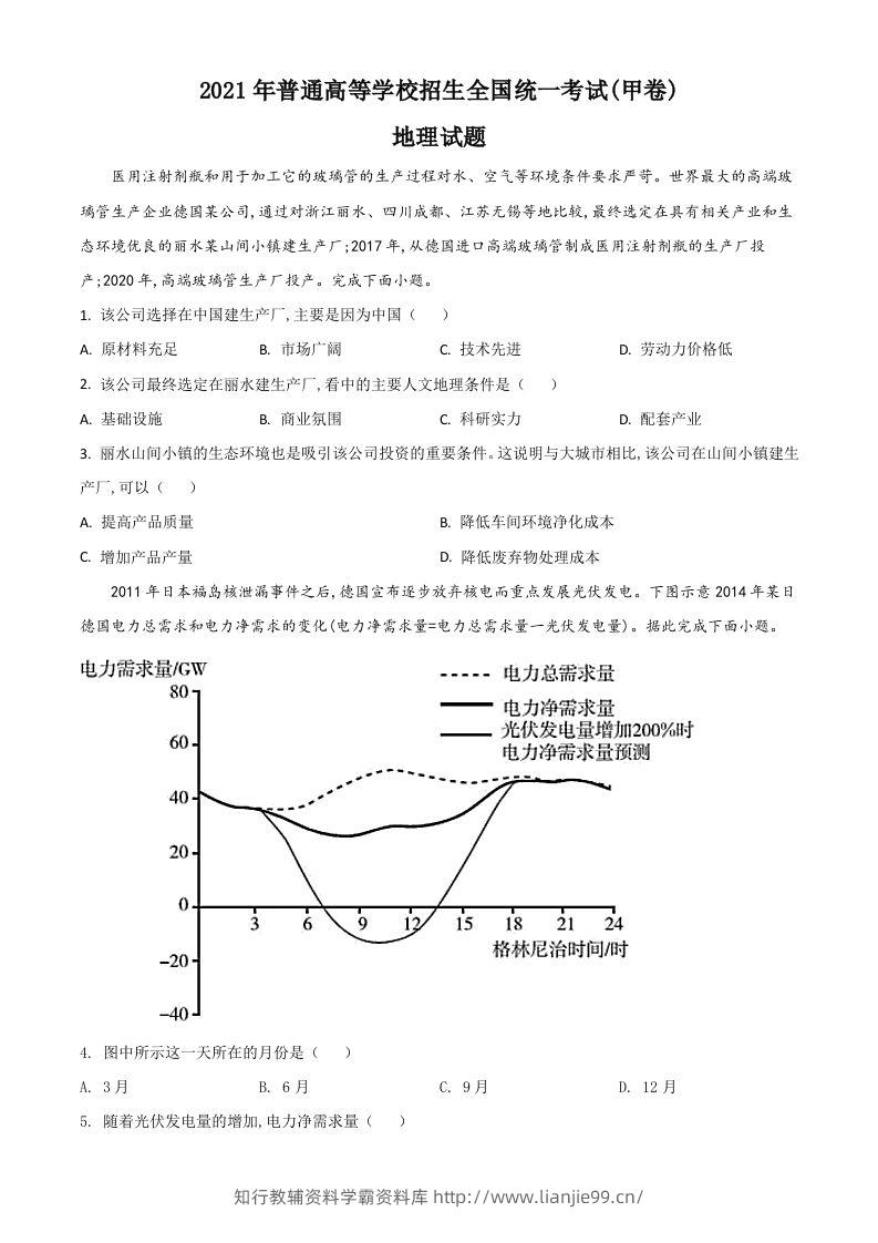 2021年高考地理试卷（全国甲卷）（空白卷）-学霸资料库学科资源下载