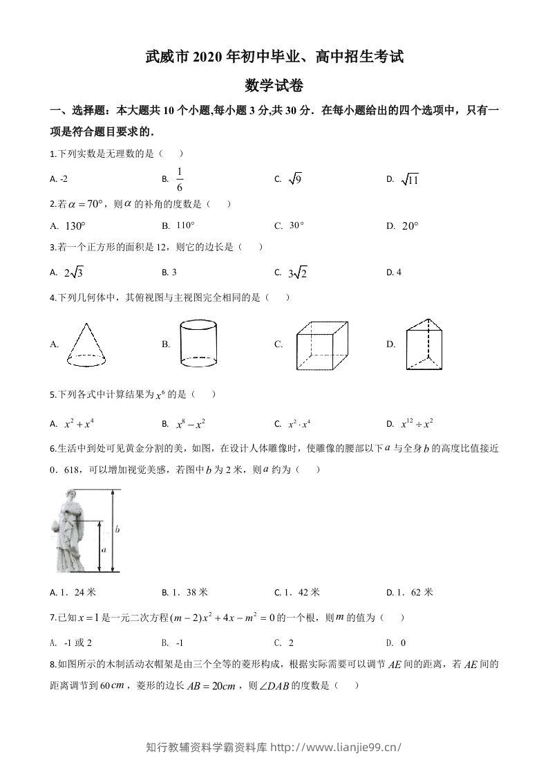 甘肃省武威市2020年中考数学试题（空白卷）-学霸资料库学科资源下载