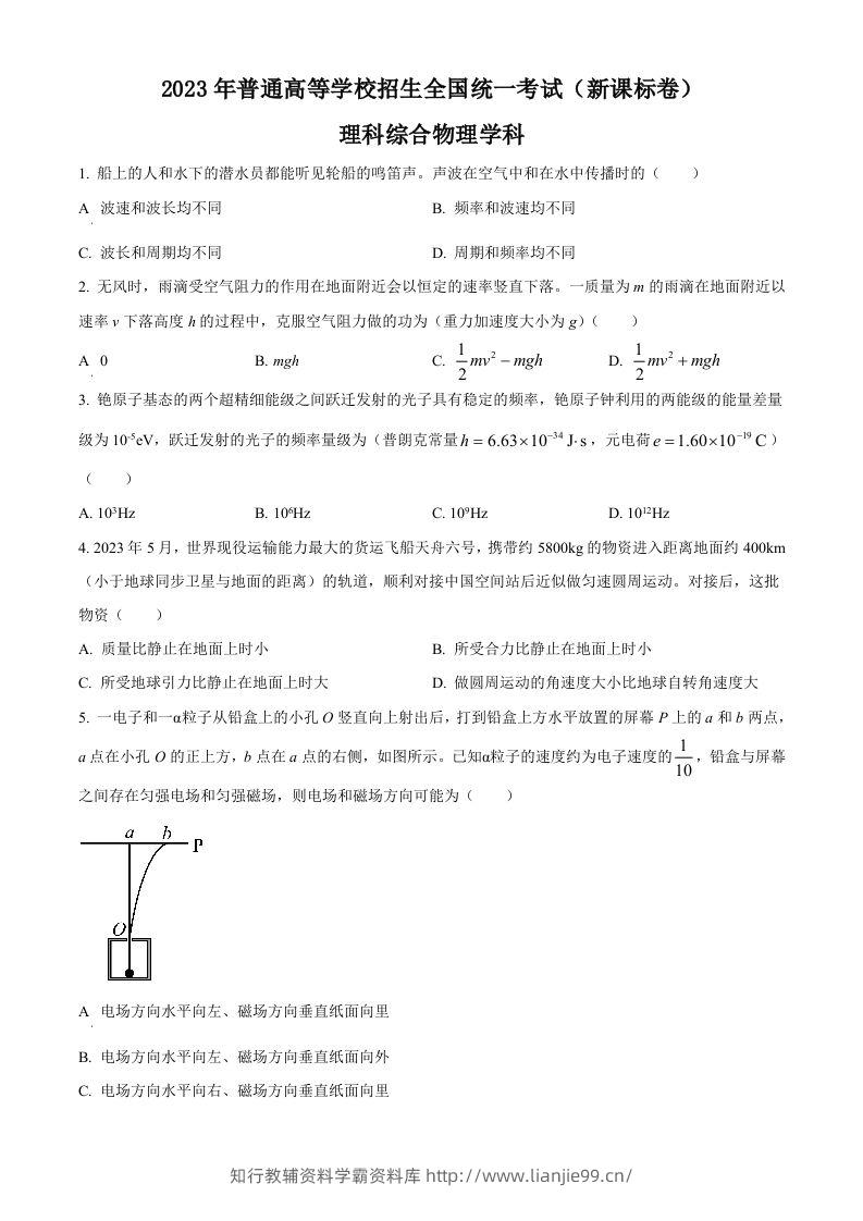 2023年高考物理试卷（新课标）（空白卷）-学霸资料库学科资源下载