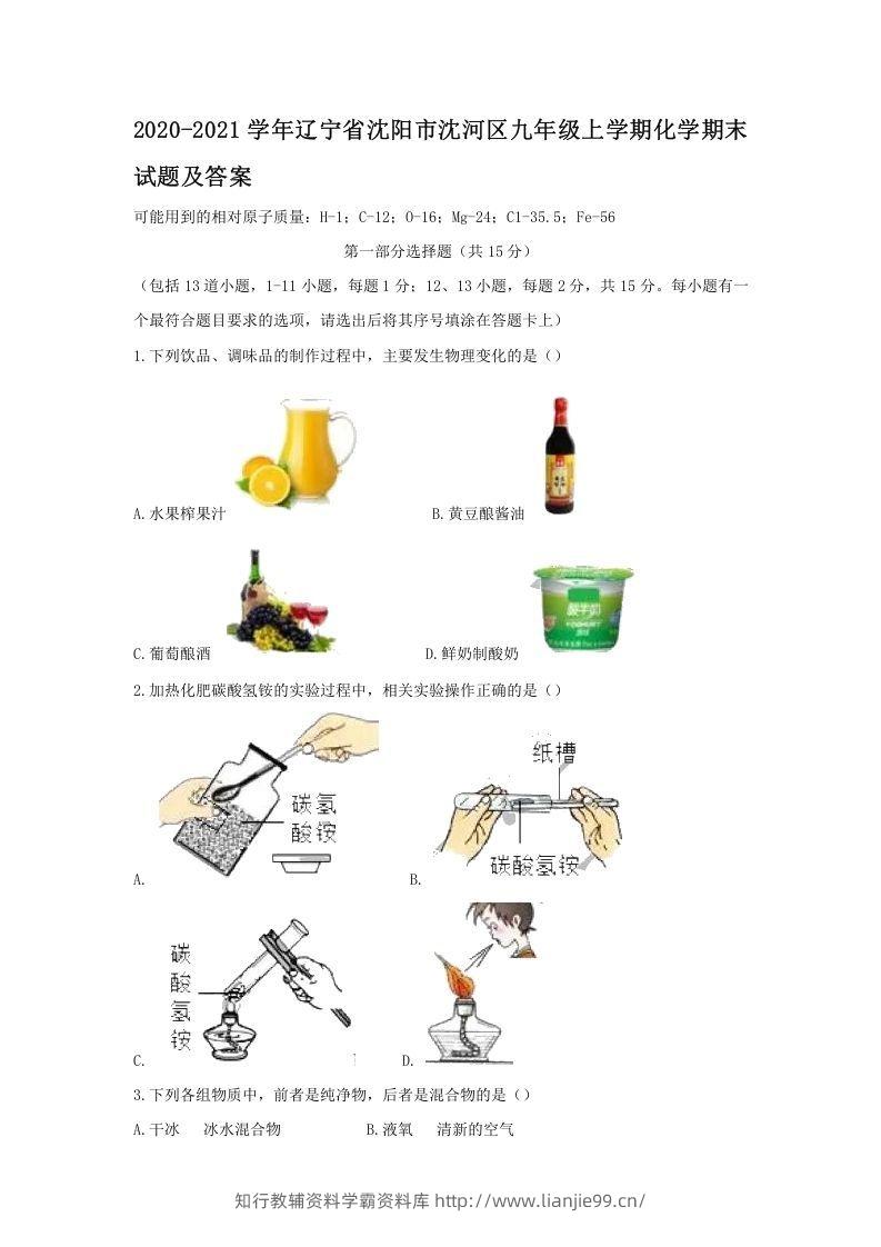 2020-2021学年辽宁省沈阳市沈河区九年级上学期化学期末试题及答案(Word版)-学霸资料库学科资源下载