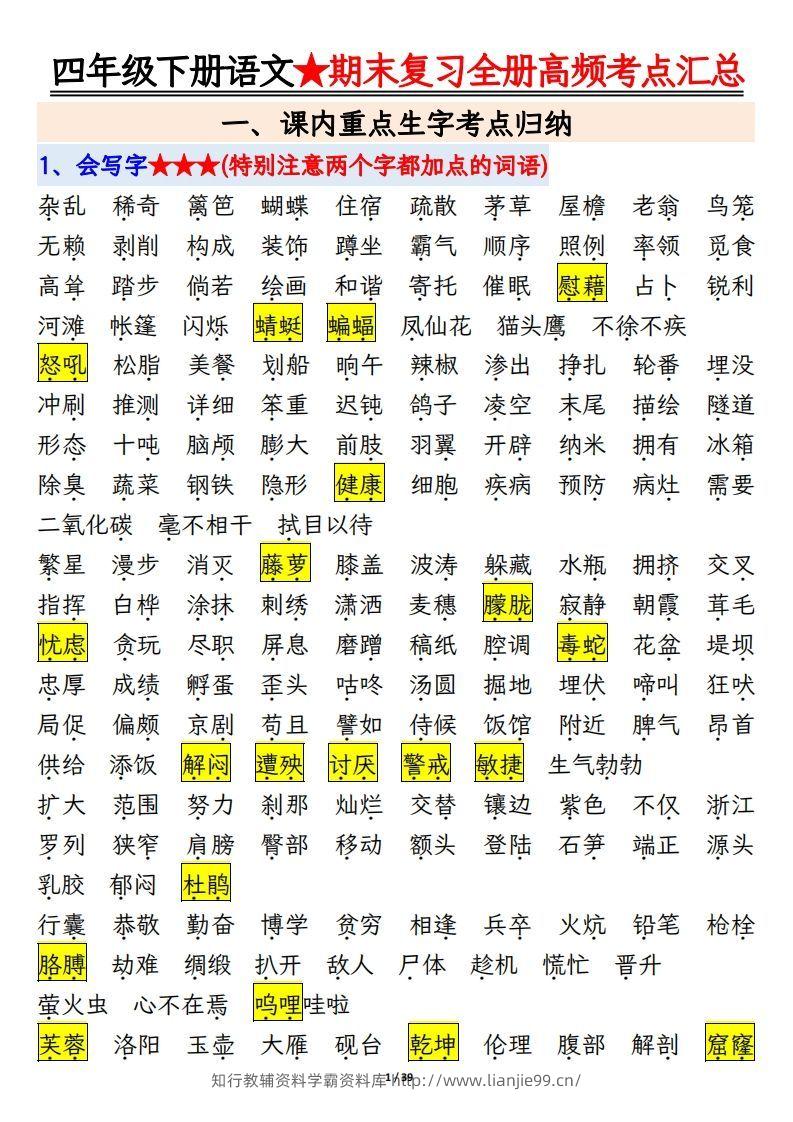 期末复习重点知识汇总四下语文-学霸资料库学科资源下载
