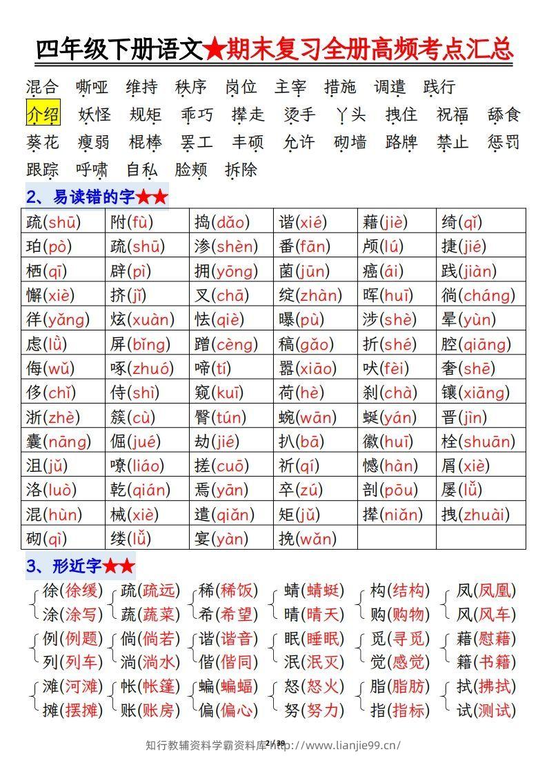 图片[2]-期末复习重点知识汇总四下语文-学霸资料库学科资源下载
