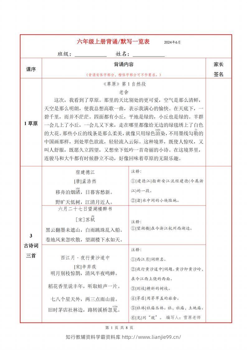 六上语文背诵默写一览表-学霸资料库学科资源下载
