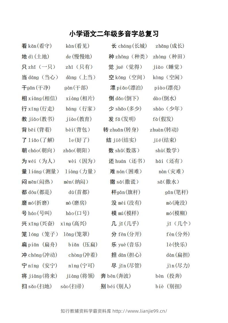 二年级语文上册多音字汇总❤️()-学霸资料库学科资源下载