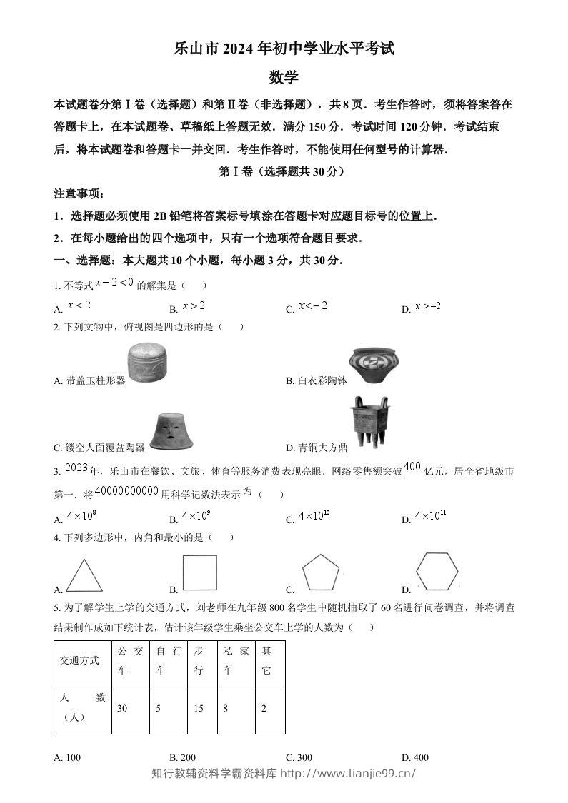 2024年四川省乐山市中考数学试题（空白卷）-学霸资料库学科资源下载