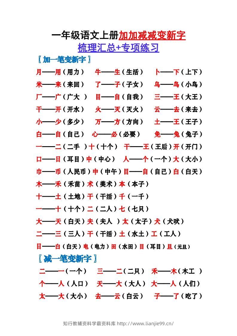 一上语文加加减减变新字梳理汇总+专项练习-学霸资料库学科资源下载