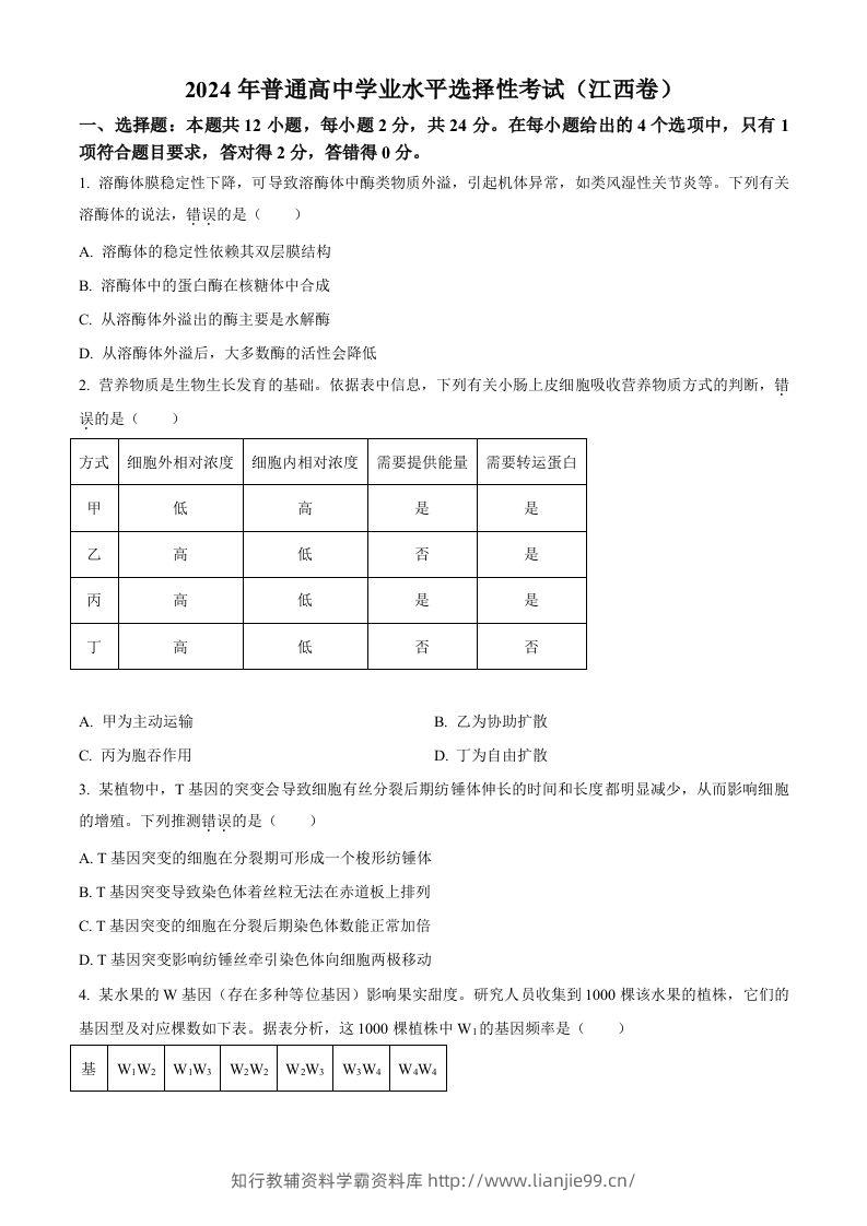 2024年高考生物试卷（江西）（空白卷）-学霸资料库学科资源下载