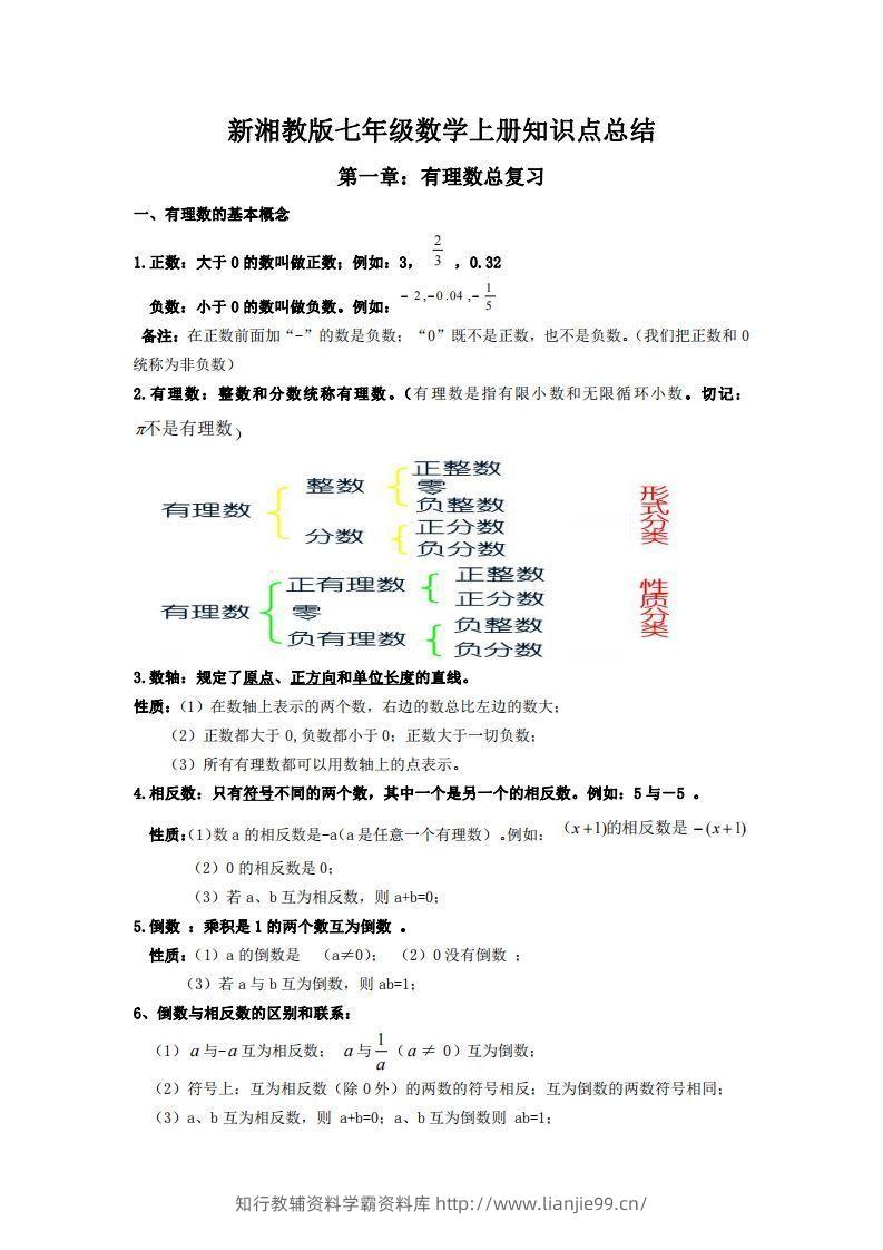 湘教版数学七年级上册知识点汇总-学霸资料库学科资源下载