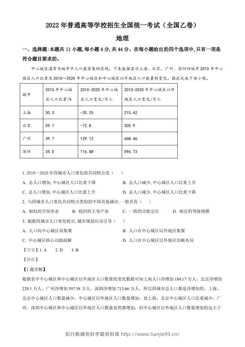 2022年高考地理试卷（全国乙卷）（含答案）-学霸资料库学科资源下载