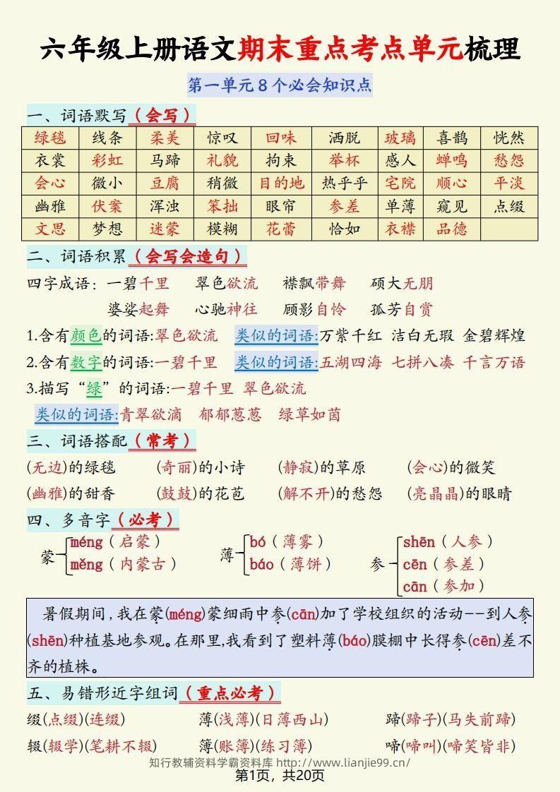 【期末重点考点单元梳理】六上语文-学霸资料库学科资源下载