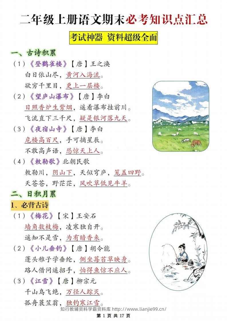 【期末复习必考知识点汇总17页】二上语文-学霸资料库学科资源下载