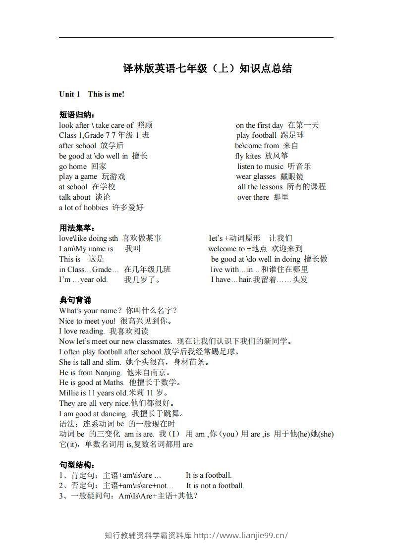 译林版英语七年级上册单元知识点总结-学霸资料库学科资源下载
