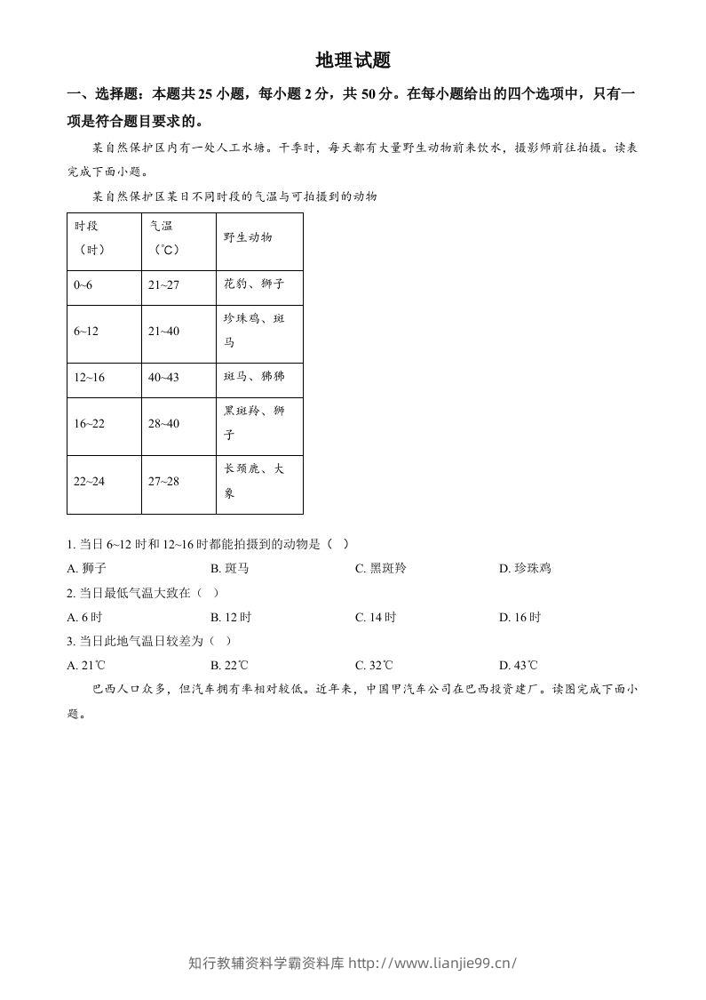 2024年福建省中考地理试题（空白卷）-学霸资料库学科资源下载