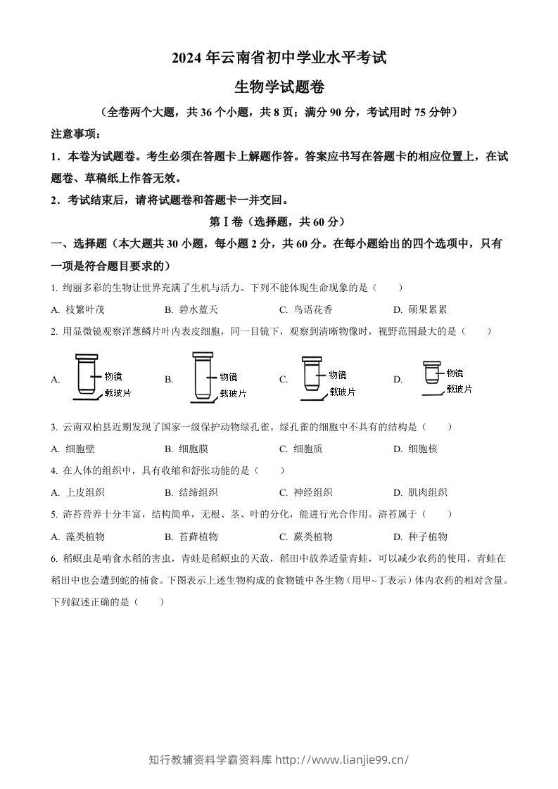 2024年云南省中考生物真题（空白卷）-学霸资料库学科资源下载