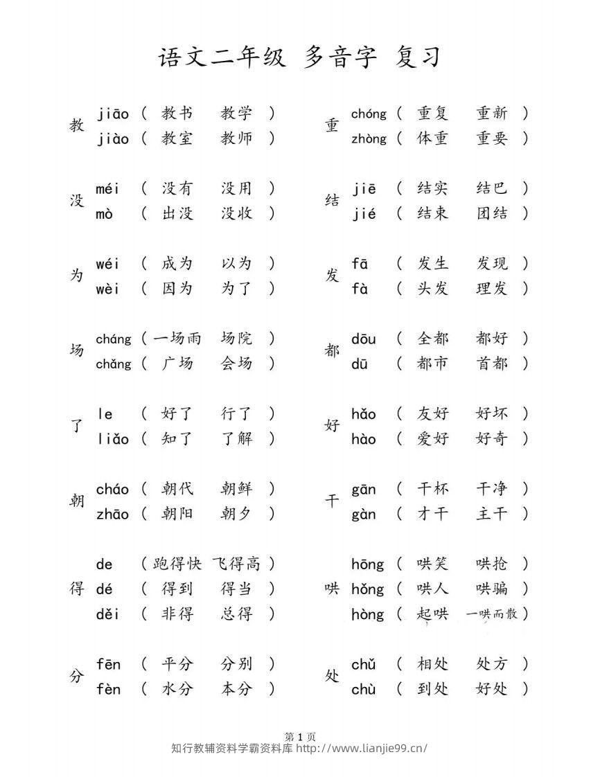 二下语文【多音字汇总归纳】-学霸资料库学科资源下载