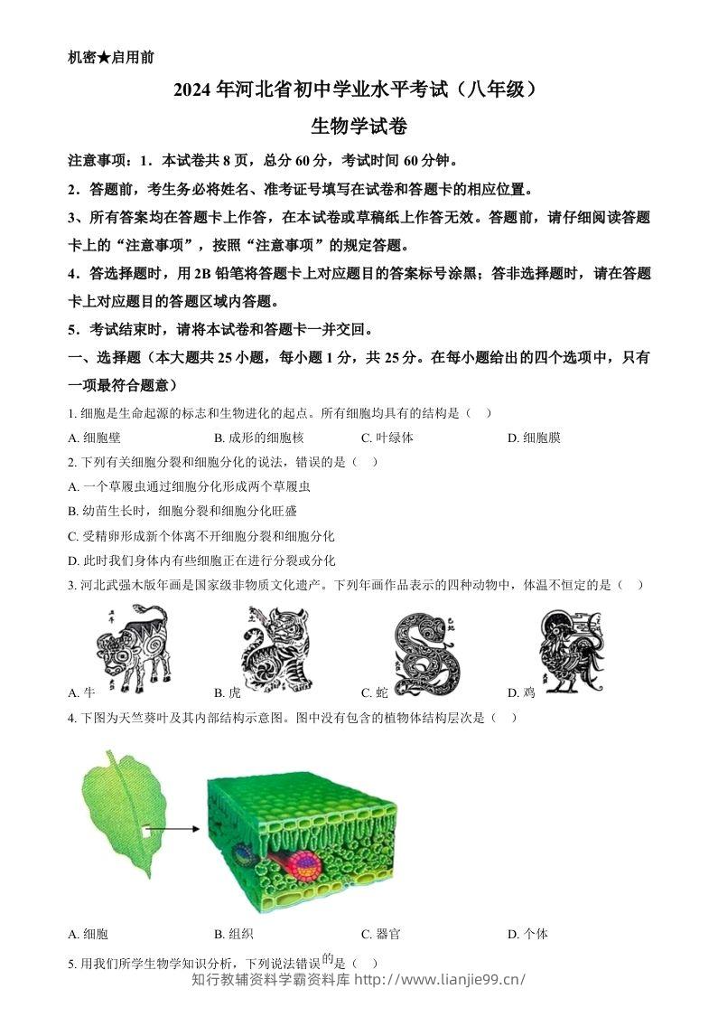 2024年河北省八年级中考生物真题（空白卷）-学霸资料库学科资源下载