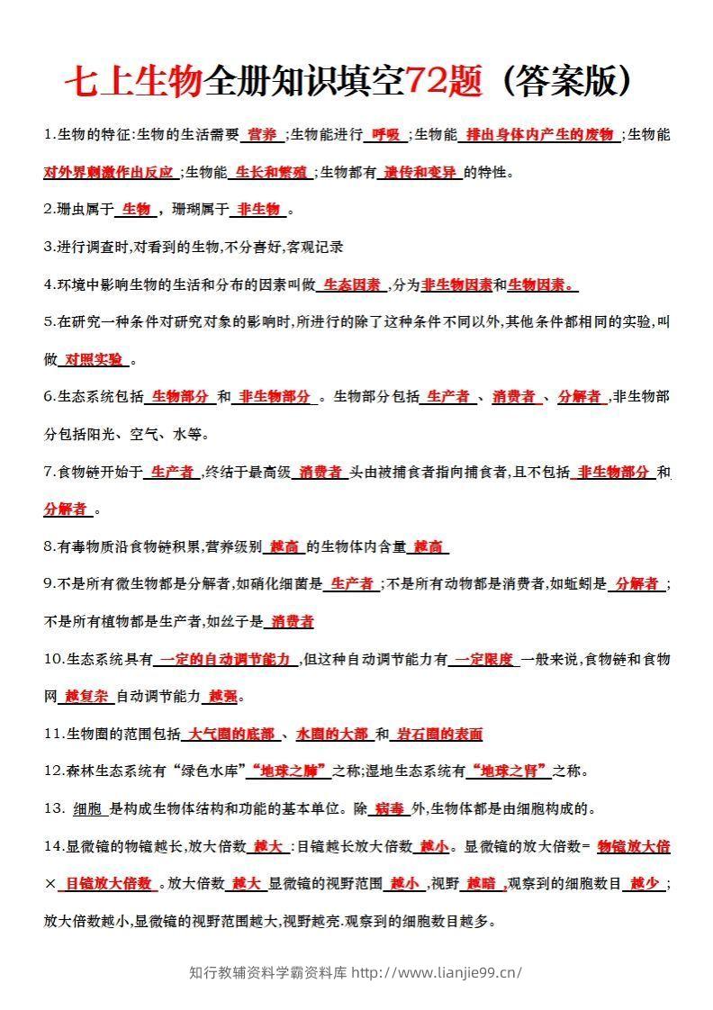七上生物全册知识点填空72题（答案）-学霸资料库学科资源下载
