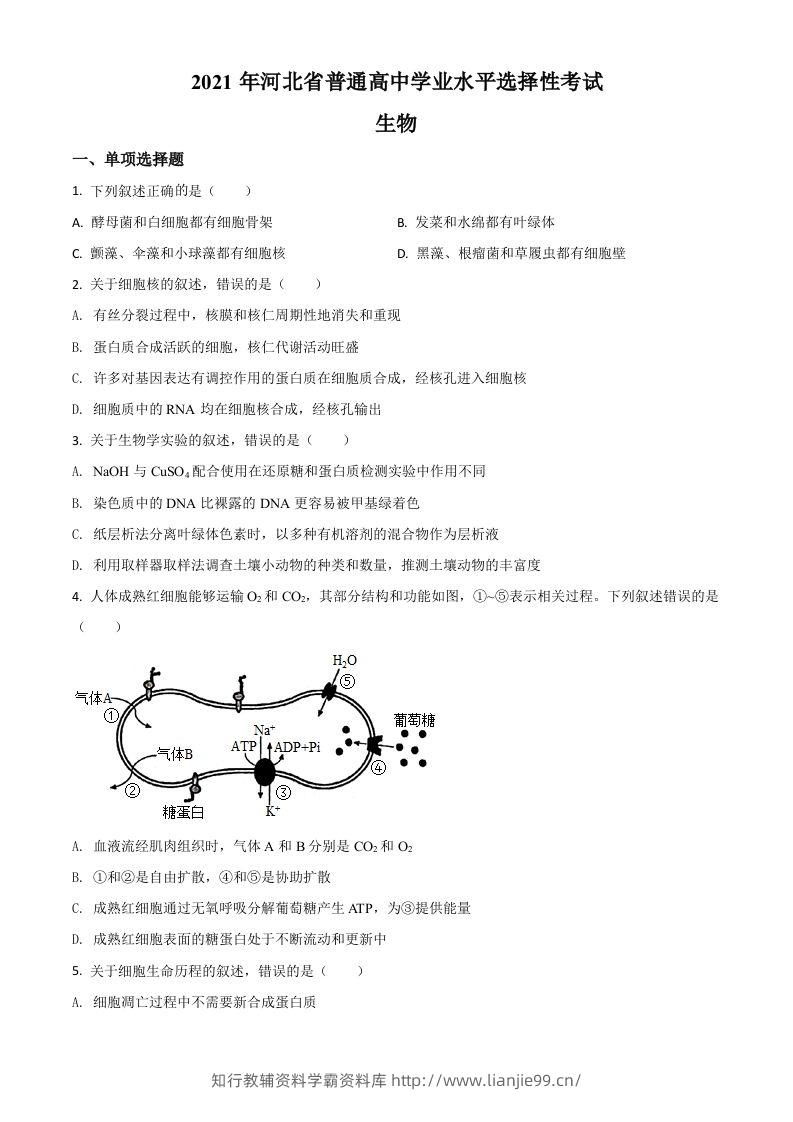 2021年高考生物试卷（河北）（空白卷）-学霸资料库学科资源下载
