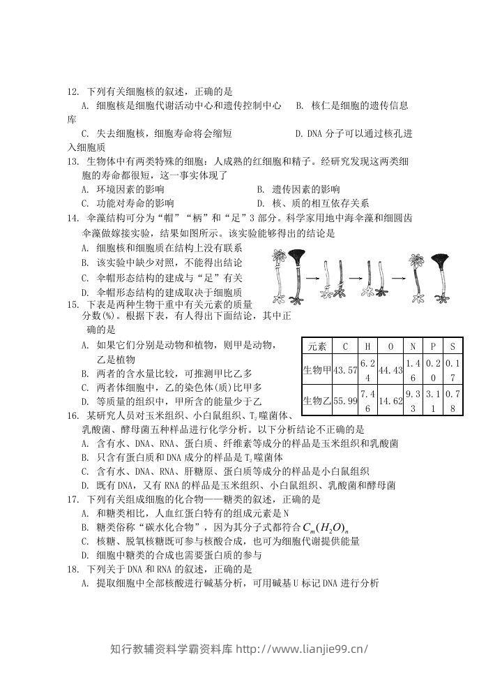 图片[3]-2019-2020年福建省南平市浦城县高一生物上学期期中试卷及答案(Word版)-学霸资料库学科资源下载