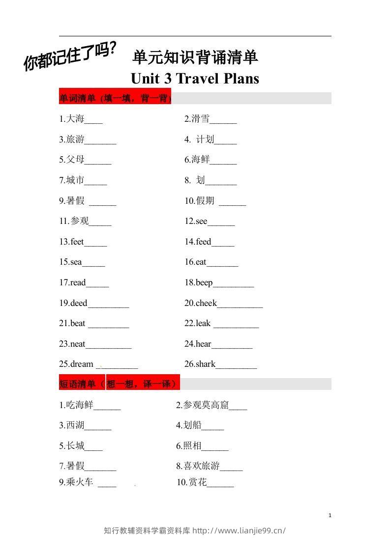 ❤四年级英语下册单元知识背诵清单Unit3TravelPlans人教新起点（含答案）-学霸资料库学科资源下载