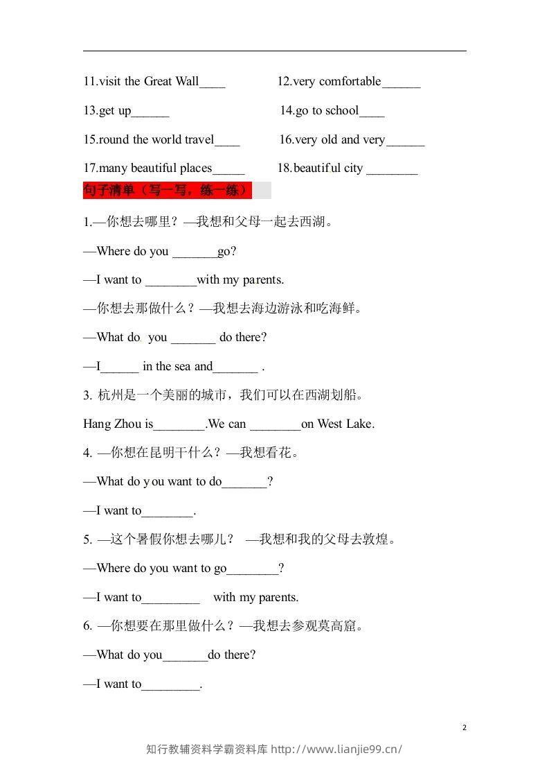 图片[2]-❤四年级英语下册单元知识背诵清单Unit3TravelPlans人教新起点（含答案）-学霸资料库学科资源下载