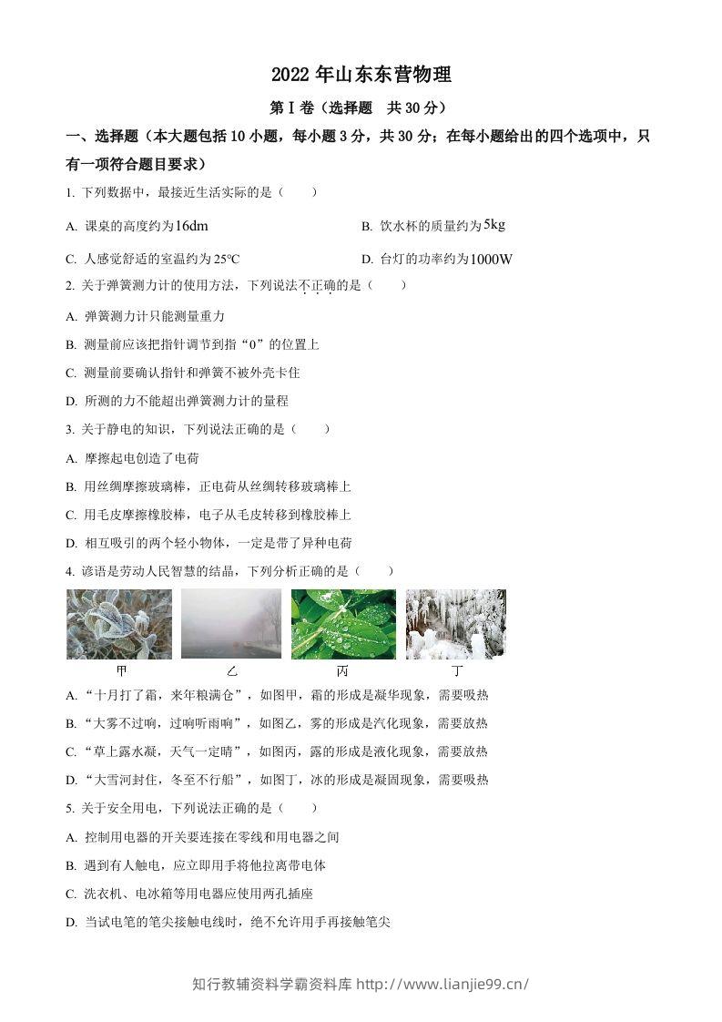 2022年山东省东营市中考物理试题（空白卷）-学霸资料库学科资源下载