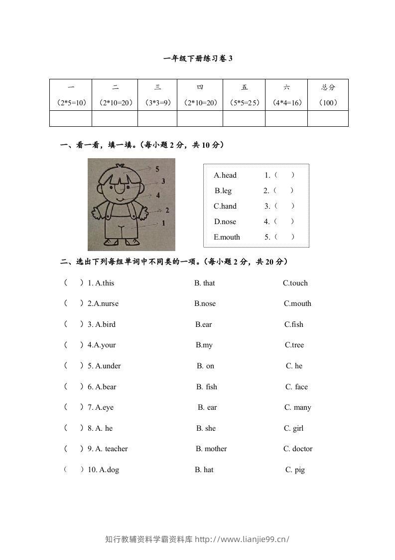 一年级英语下册期末练习(6)-学霸资料库学科资源下载