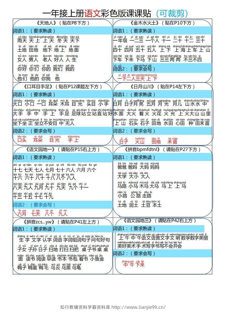 24秋一年级上册语文彩色课课贴-学霸资料库学科资源下载