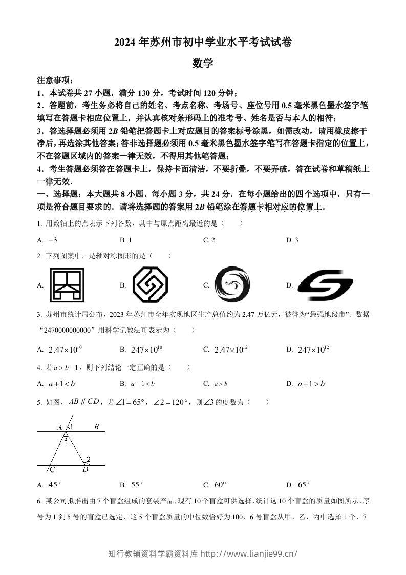 2024年江苏省苏州市中考数学试题（空白卷）-学霸资料库学科资源下载
