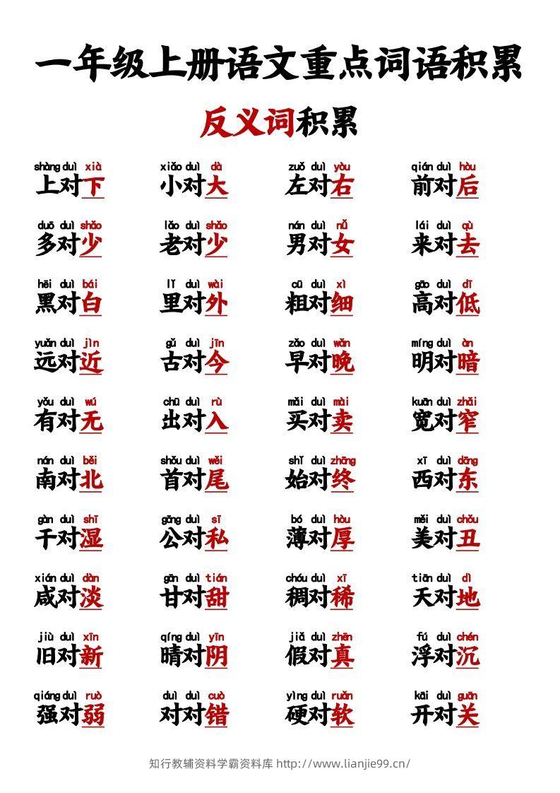 【反义词对子歌】一上语文-学霸资料库学科资源下载