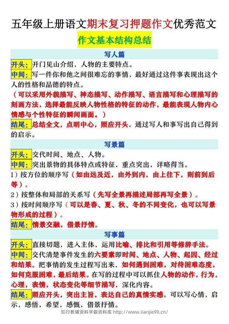 图片[2]-【期末复习押题作文优秀范文】五上语文-学霸资料库学科资源下载