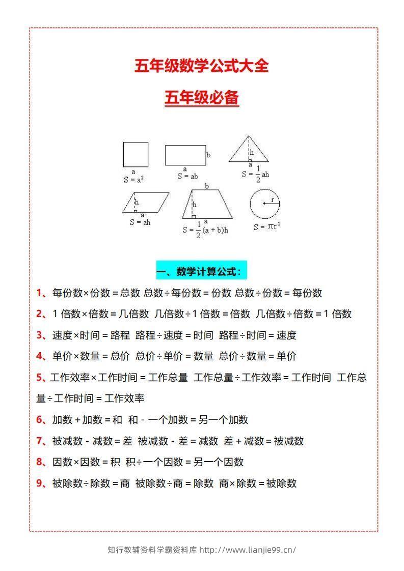 【五上】数学必背汇总-学霸资料库学科资源下载