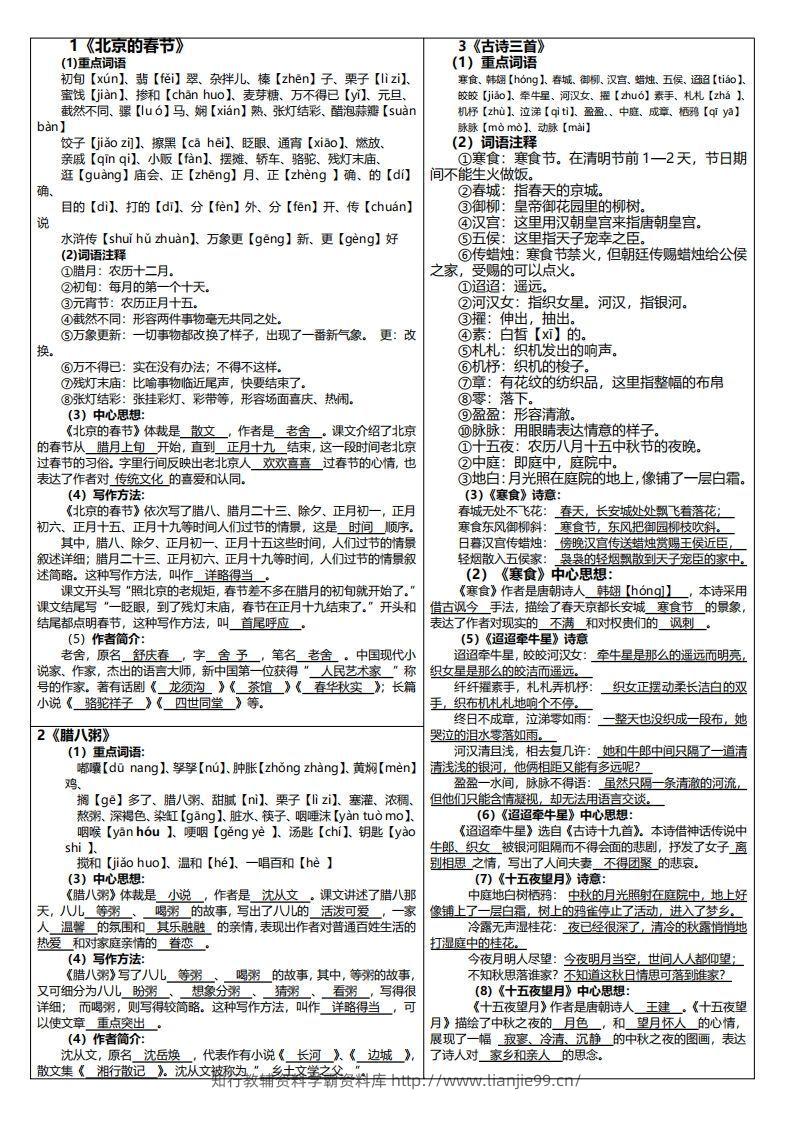 六下语文课课贴（每课重点）6页-学霸资料库学科资源下载