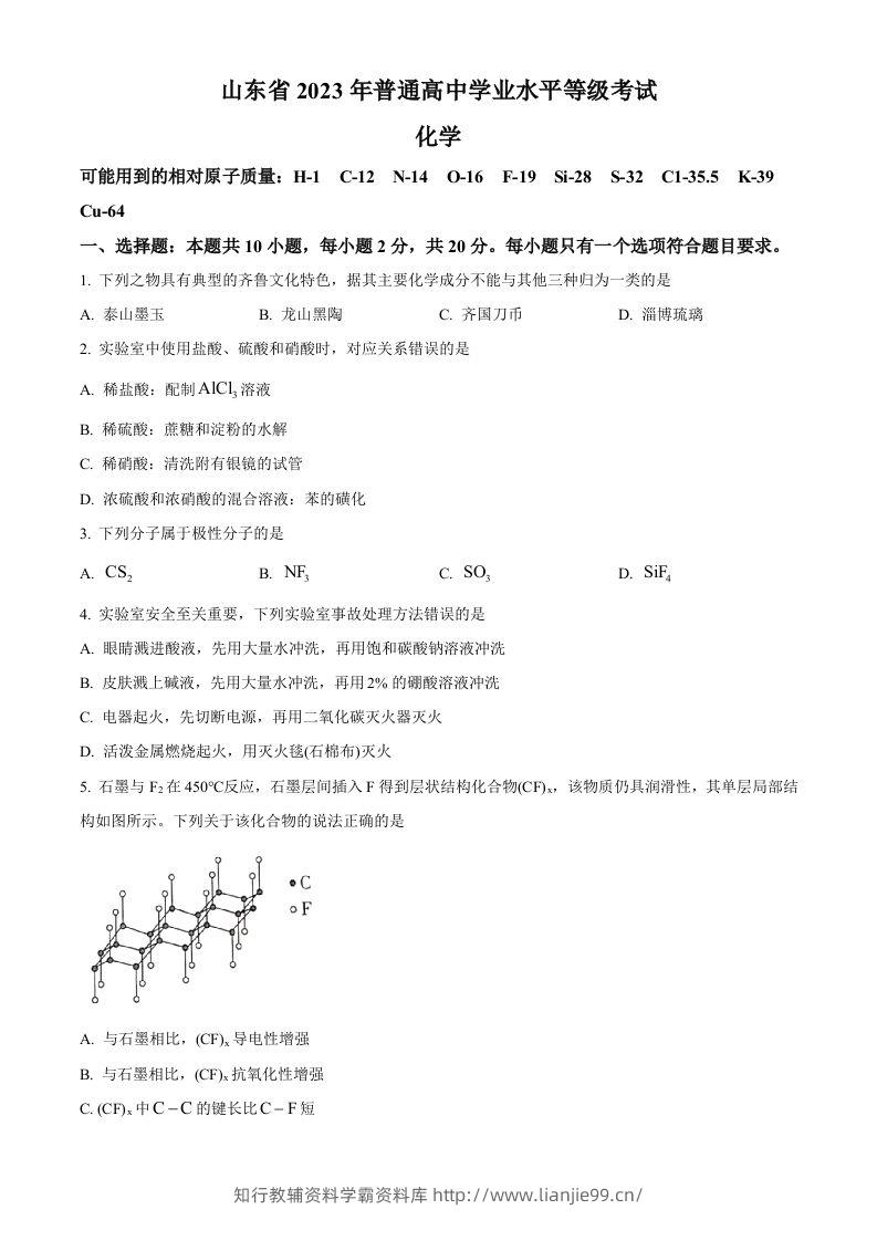 2023年高考化学试卷（山东）（空白卷）-学霸资料库学科资源下载