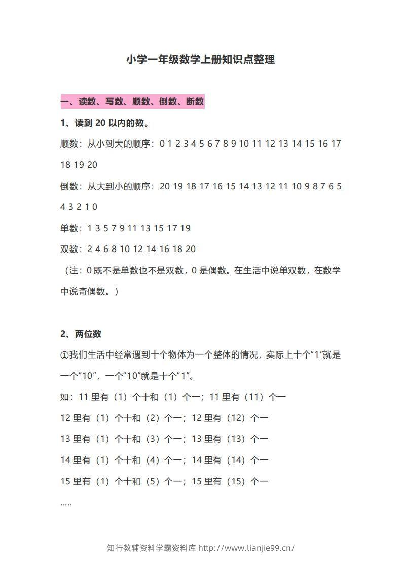 一年级数学上册知识点归纳-学霸资料库学科资源下载