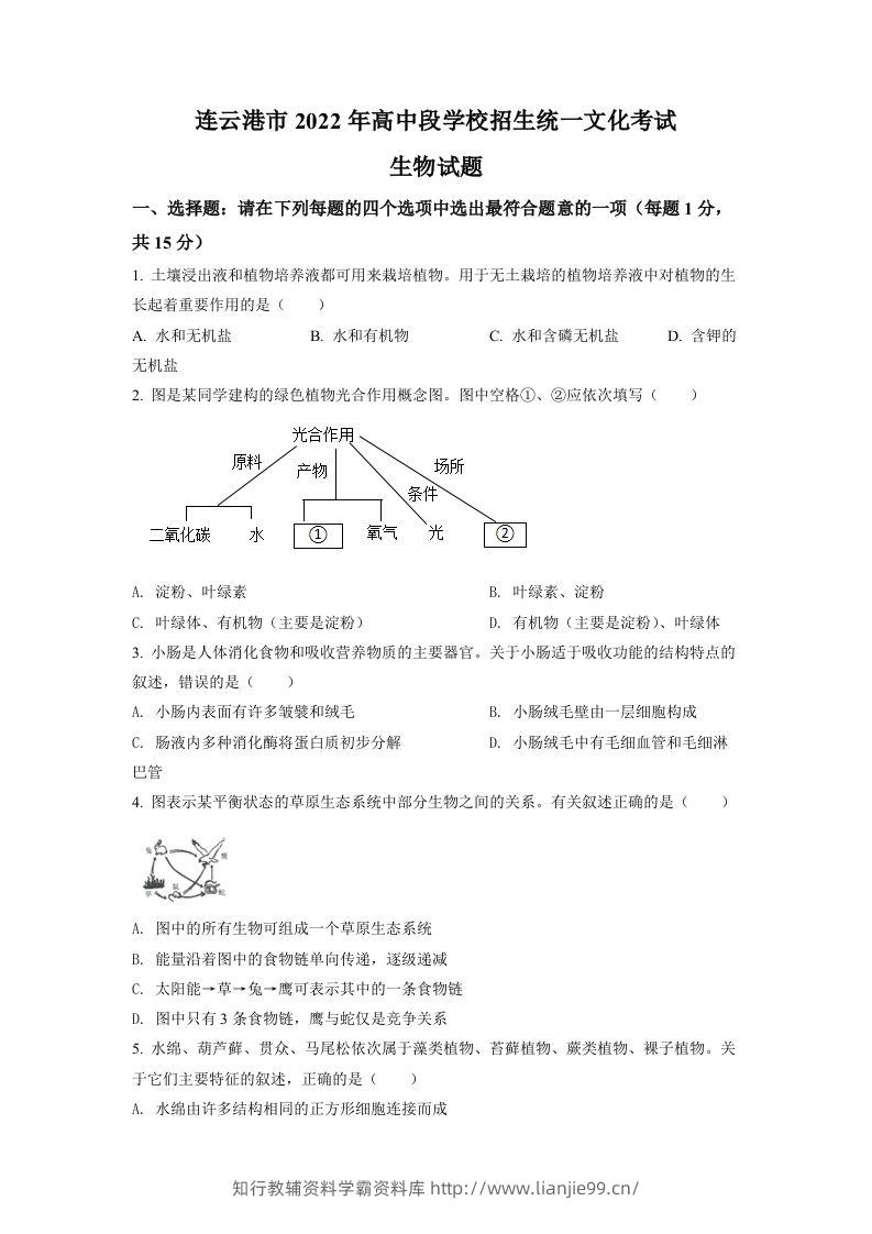2022年江苏省连云港市中考生物真题（空白卷）-学霸资料库学科资源下载
