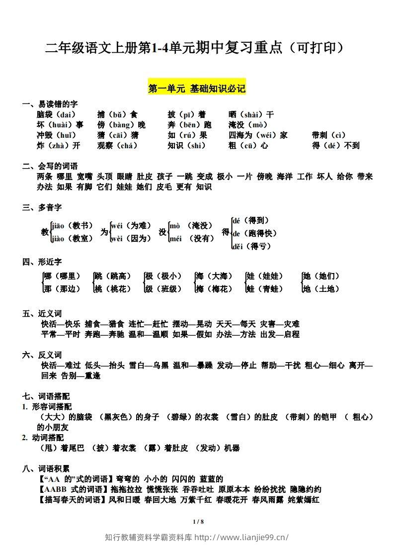 二上语文第单元期中复习必记（抖音）-学霸资料库学科资源下载